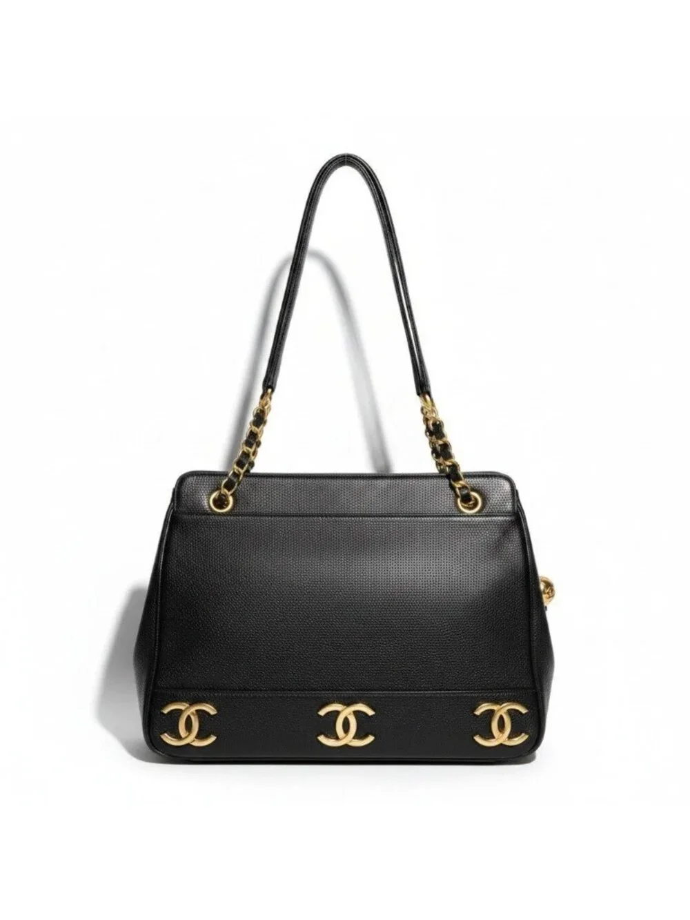 Chanel Triple CC Logo Caviar Leather Shoulder Bag Coco Chain Black